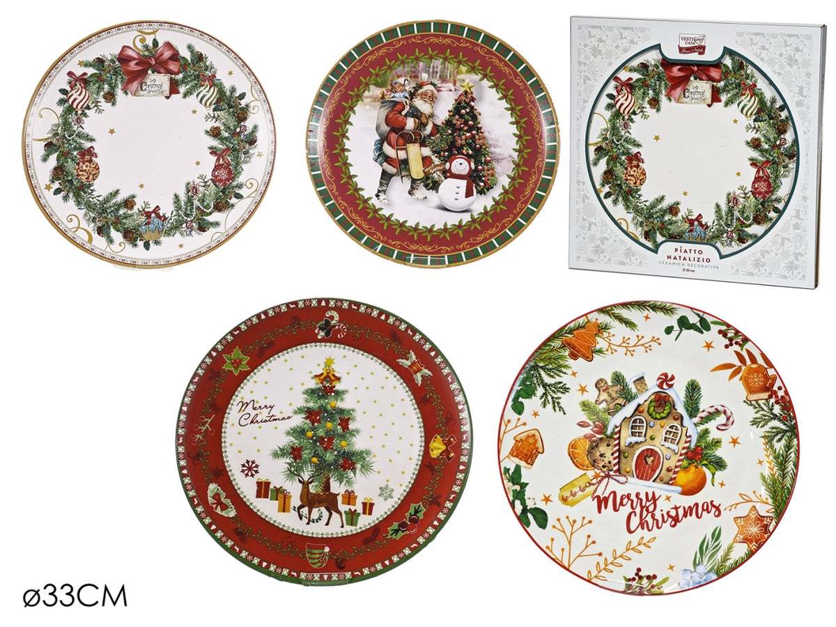 Piatto natalizio 33cm in ceramica, 4 fantasie assortite