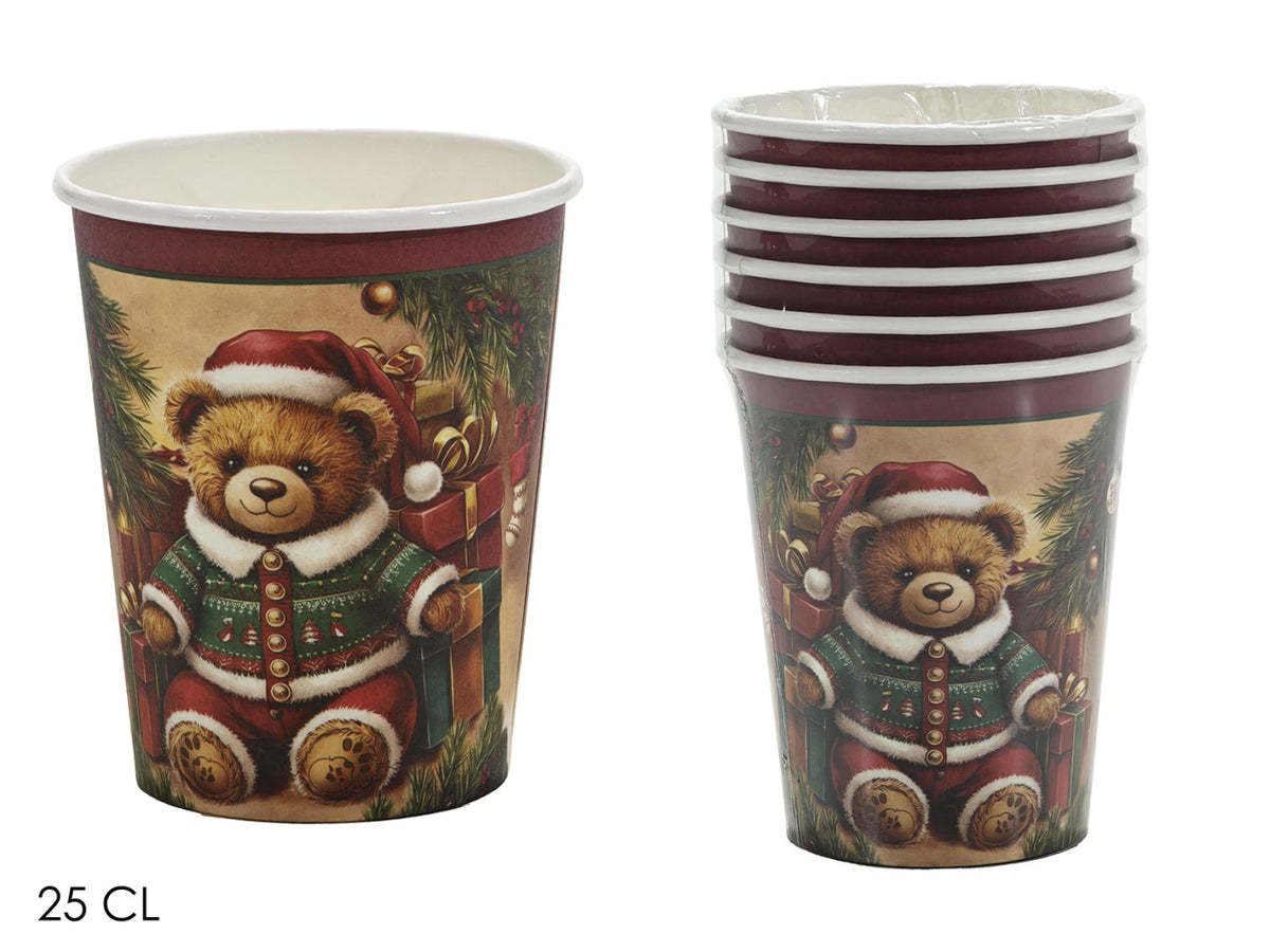 Bicchieri in carta con orso natalizio in confezione da 6 pezzi 25cl