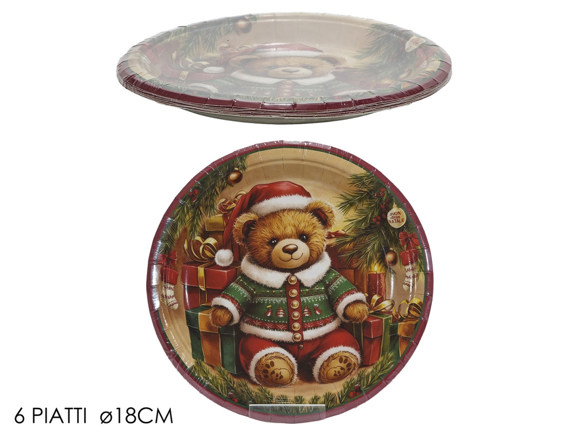 Piatti 18cm in carta con orso natatalizio in confezione da 6 pezzi