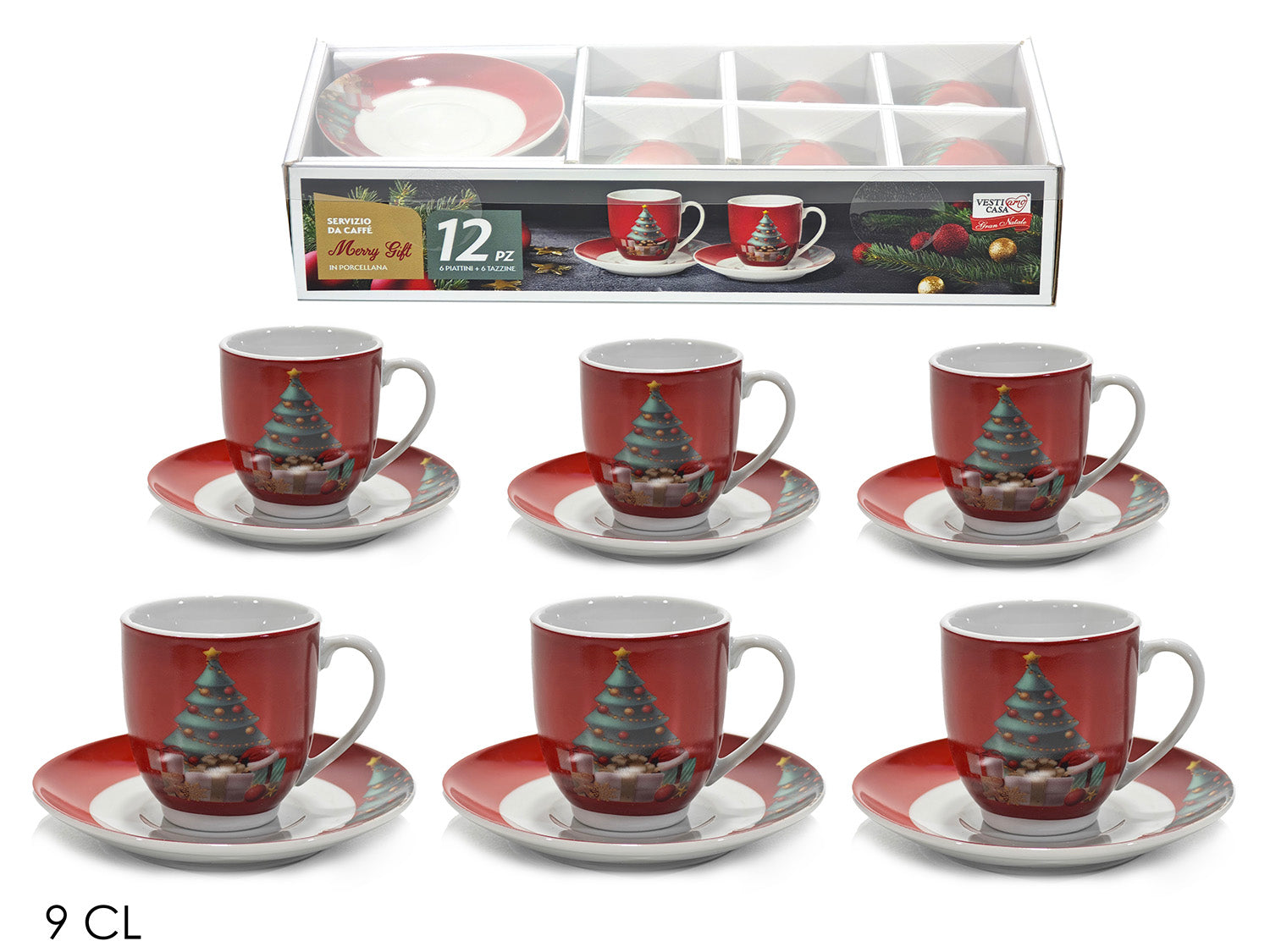 Tazzine da caffe'con piattino merry gift in confezione da 6 pezzi