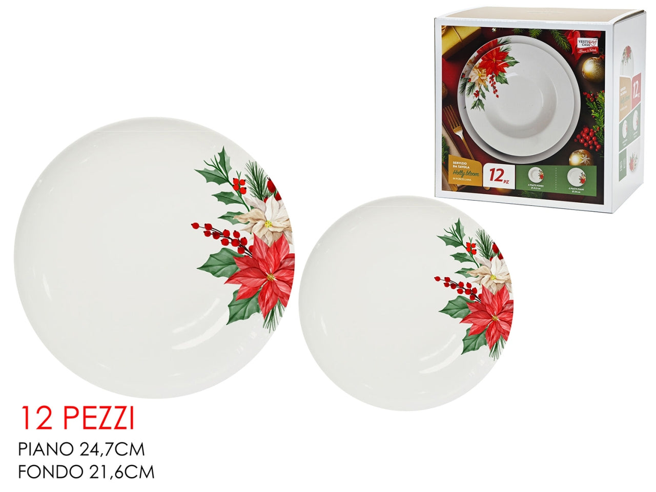 Servizio di piatti festive flora in porcellana 12 pezzi, 6 piani 24,7cm + 6 fondi 21,6cm