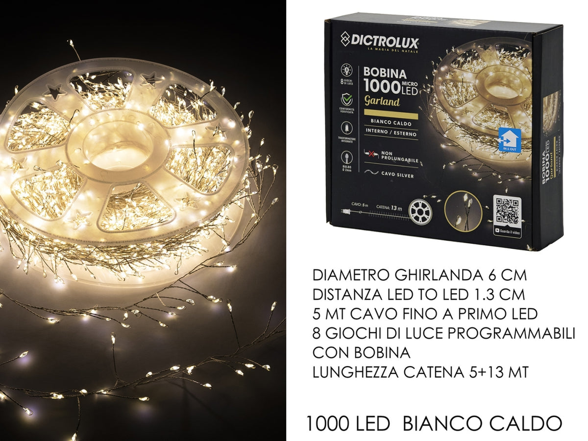 Catena luci con 1000 mini led bianco caldo, filo silver da 13+5mt e 8 giochi di luce programmabili