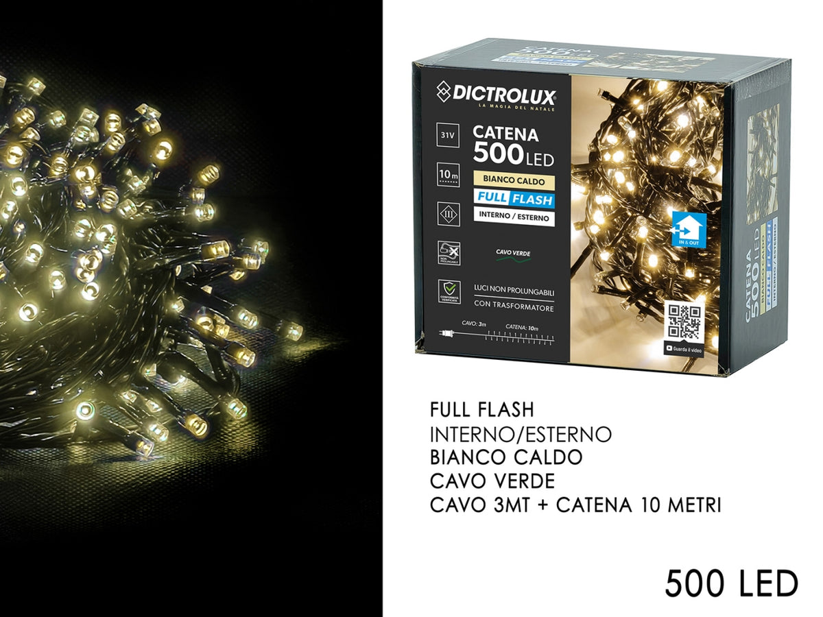 Catena 500 led full flash bianco caldo per interno/esterno con cavo da 3mt verde + catena da 10mt