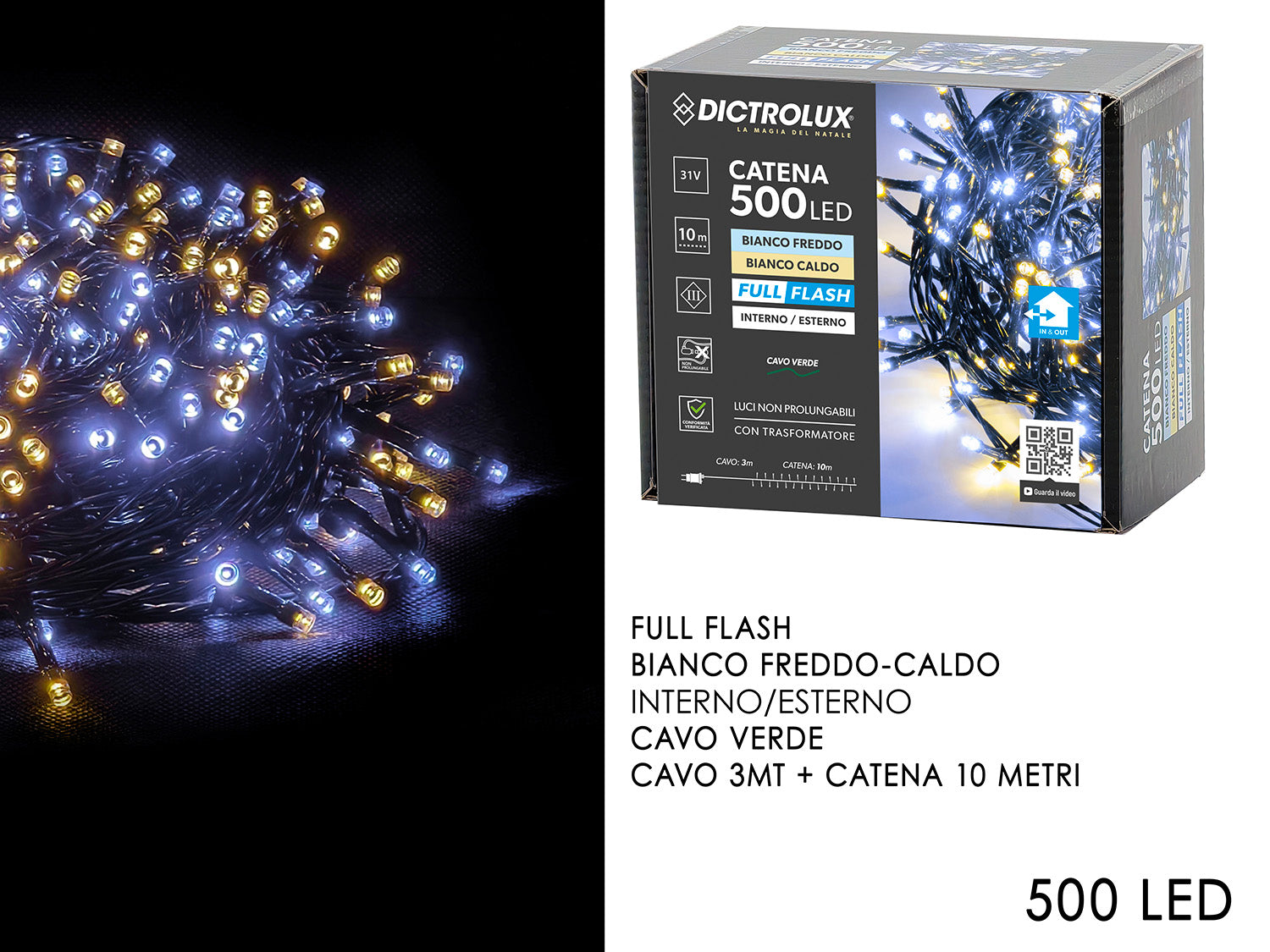 Catena 500 led full flash bianco caldo e bianco freddo per uso interno/esterno con cavo da 3mt verde + catena da10mt