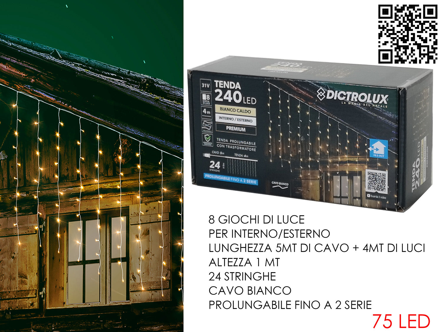 Tenda luci 240 led 4x1mt bianco caldo con 8 giochi di luce per interno/esterno, 24 stringhe in filo bianco prolungabile fino a 2 serie