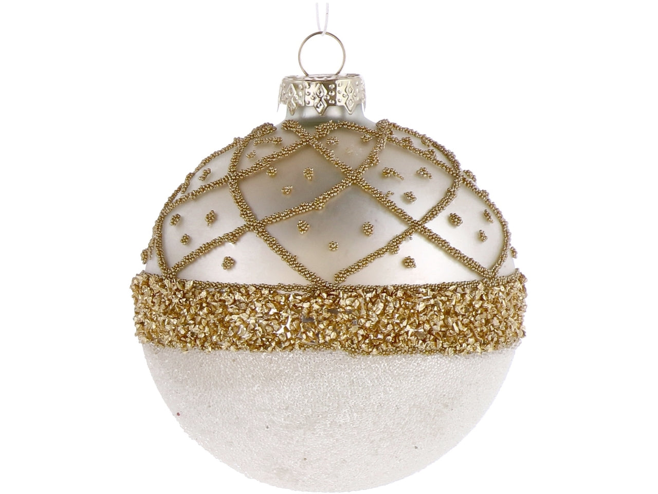 Palla vetro 8cm perla e oro con decorazioni assortite
