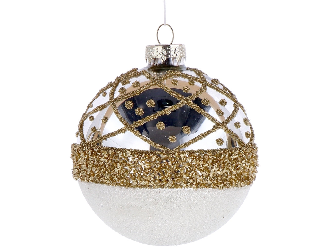 Palla vetro 8cm perla e oro con decorazioni assortite