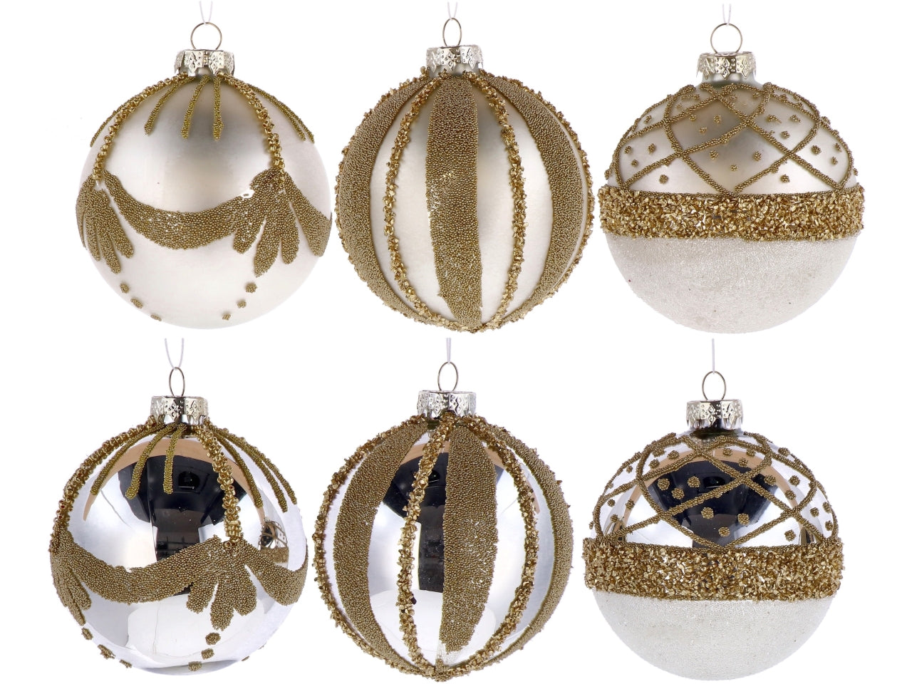 Palla vetro 8cm perla e oro con decorazioni assortite