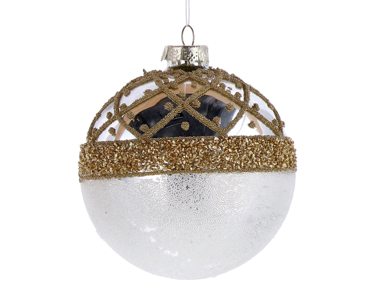 Palla vetro 10cm perla e oro con decorazioni assortite