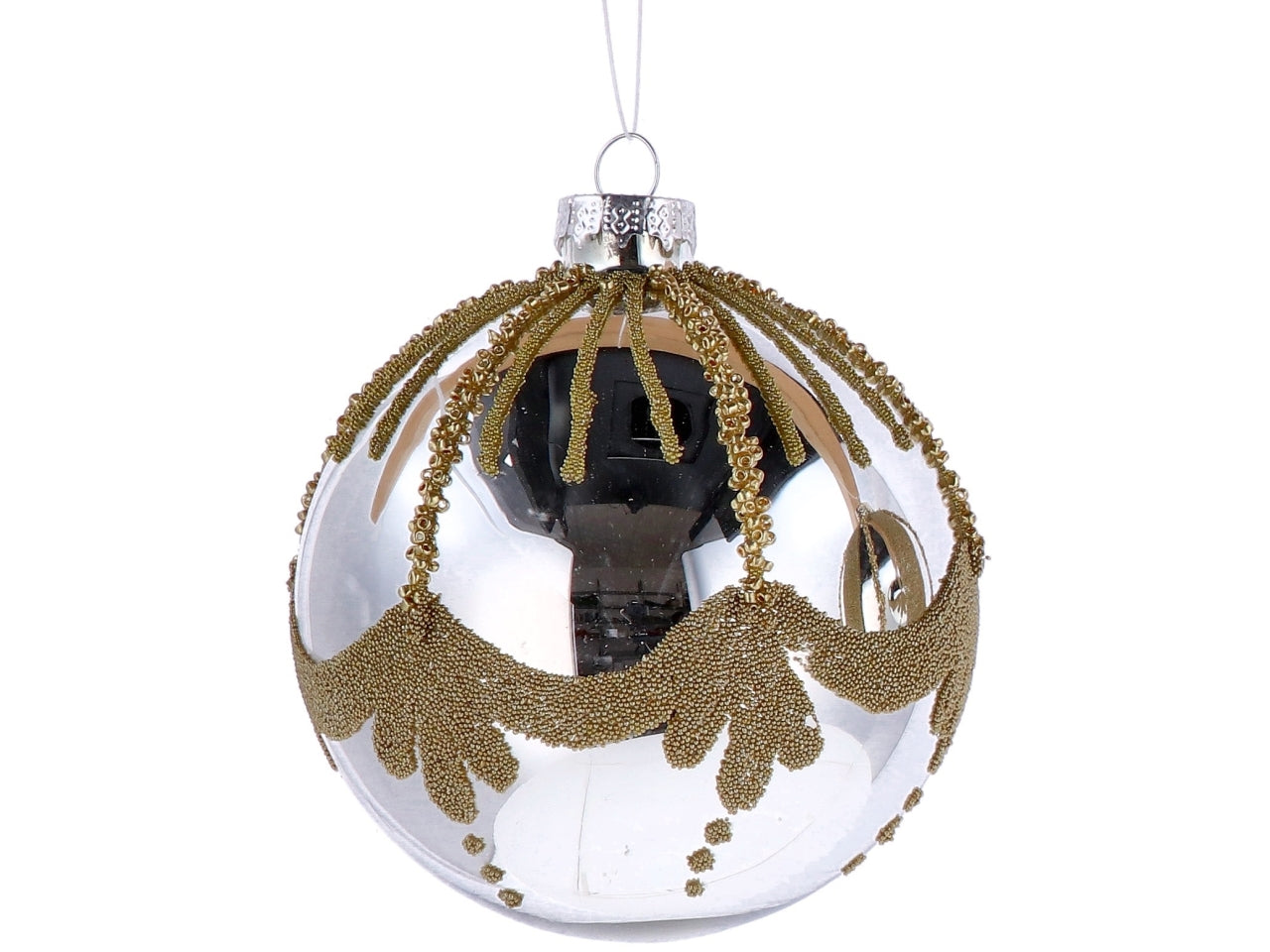Palla vetro 10cm perla e oro con decorazioni assortite