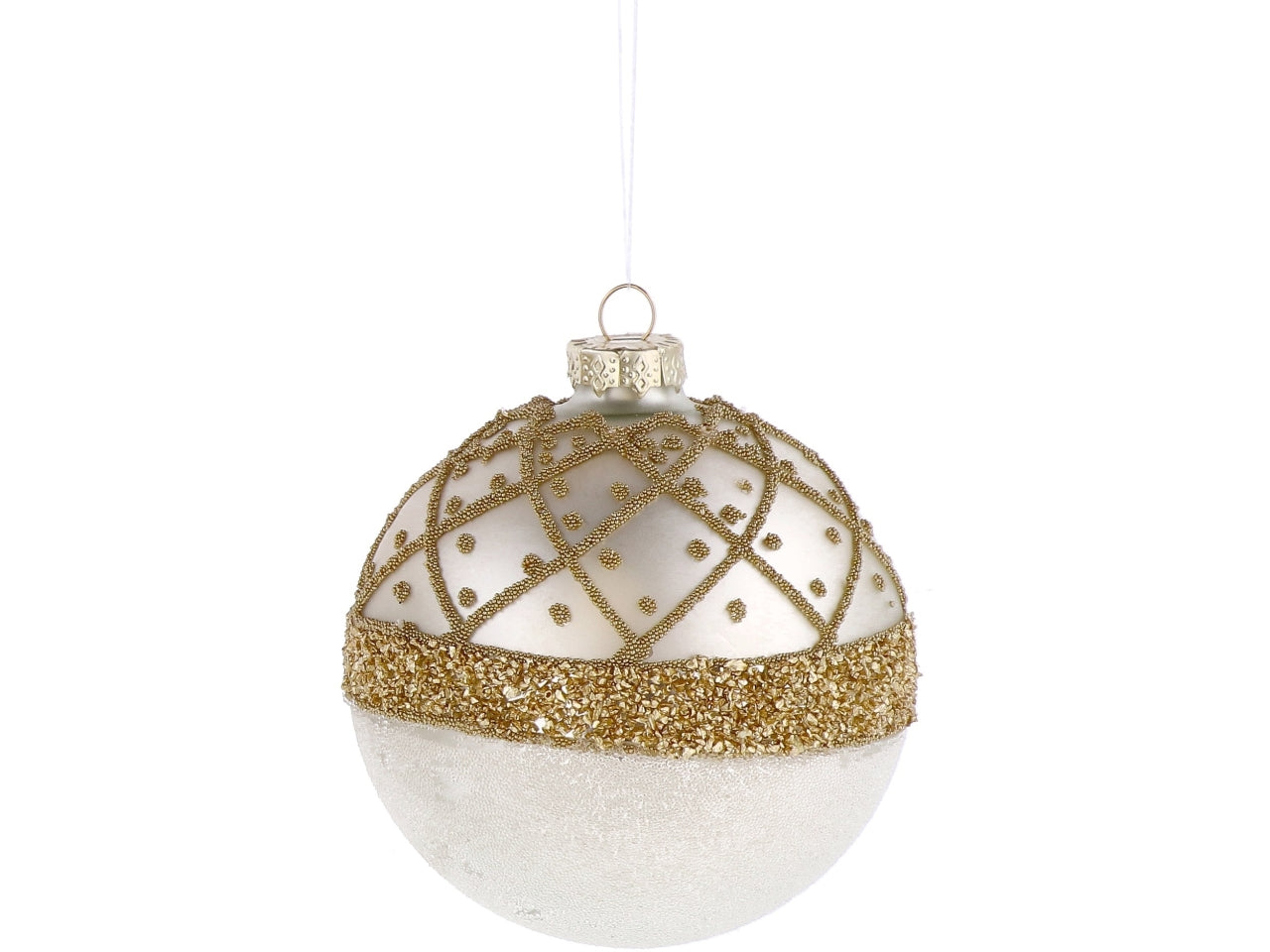Palla vetro 10cm perla e oro con decorazioni assortite