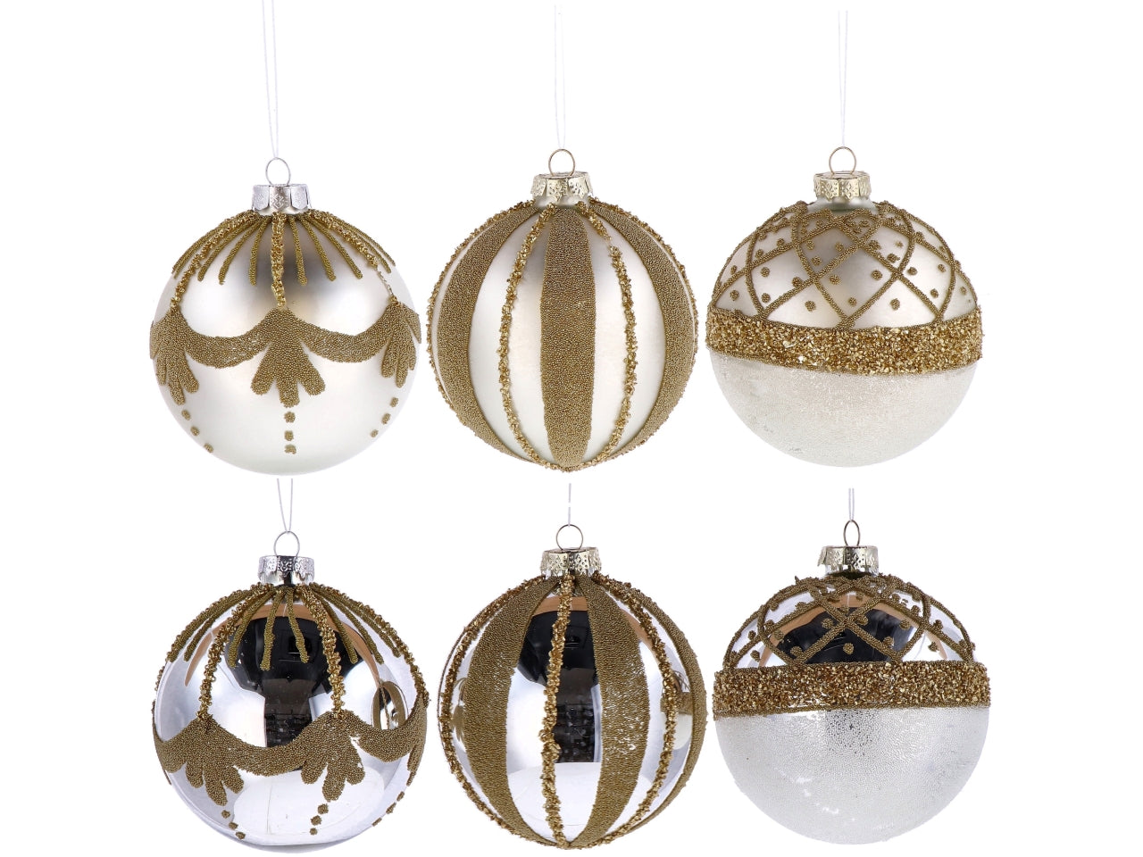 Palla vetro 10cm perla e oro con decorazioni assortite