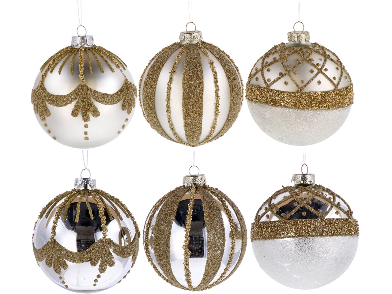 Palla vetro 12cm perla e oro con decorazioni assortite