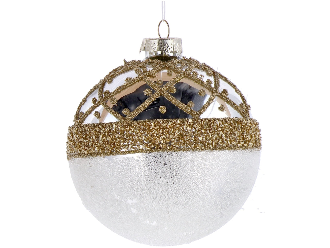 Palla vetro 12cm perla e oro con decorazioni assortite