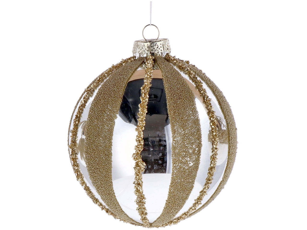 Palla vetro 12cm perla e oro con decorazioni assortite