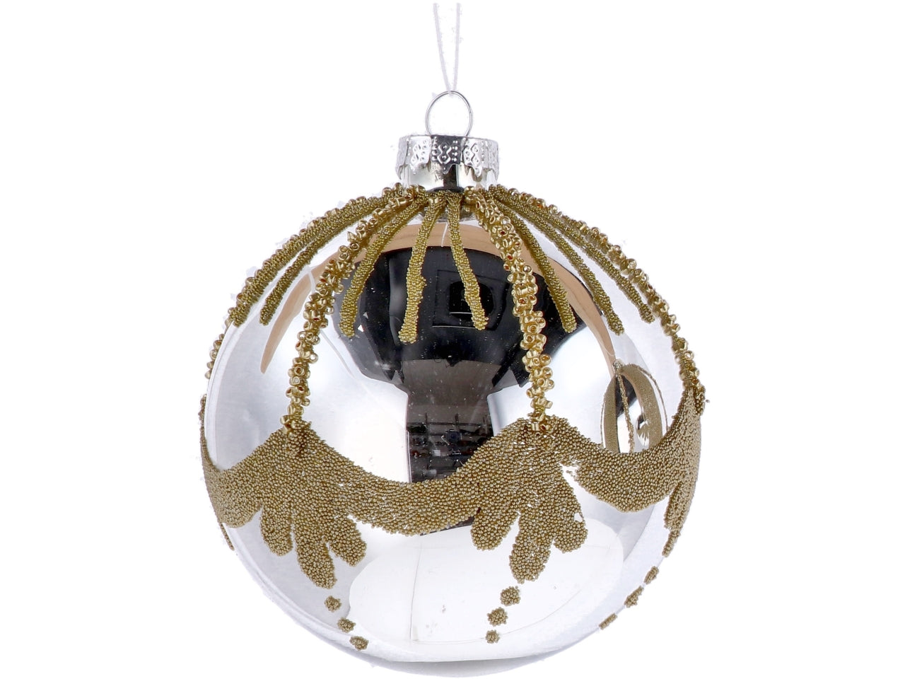 Palla vetro 12cm perla e oro con decorazioni assortite