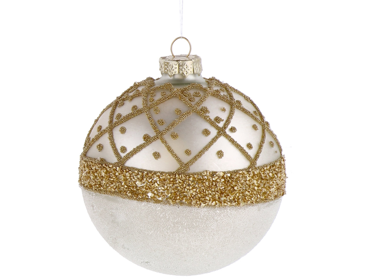 Palla vetro 12cm perla e oro con decorazioni assortite