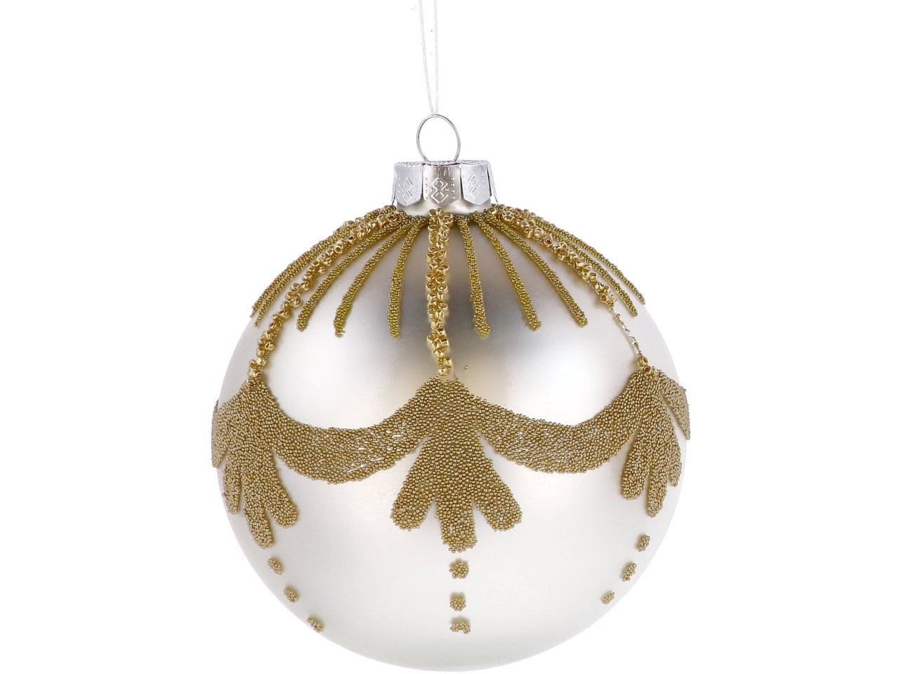 Palla vetro 12cm perla e oro con decorazioni assortite