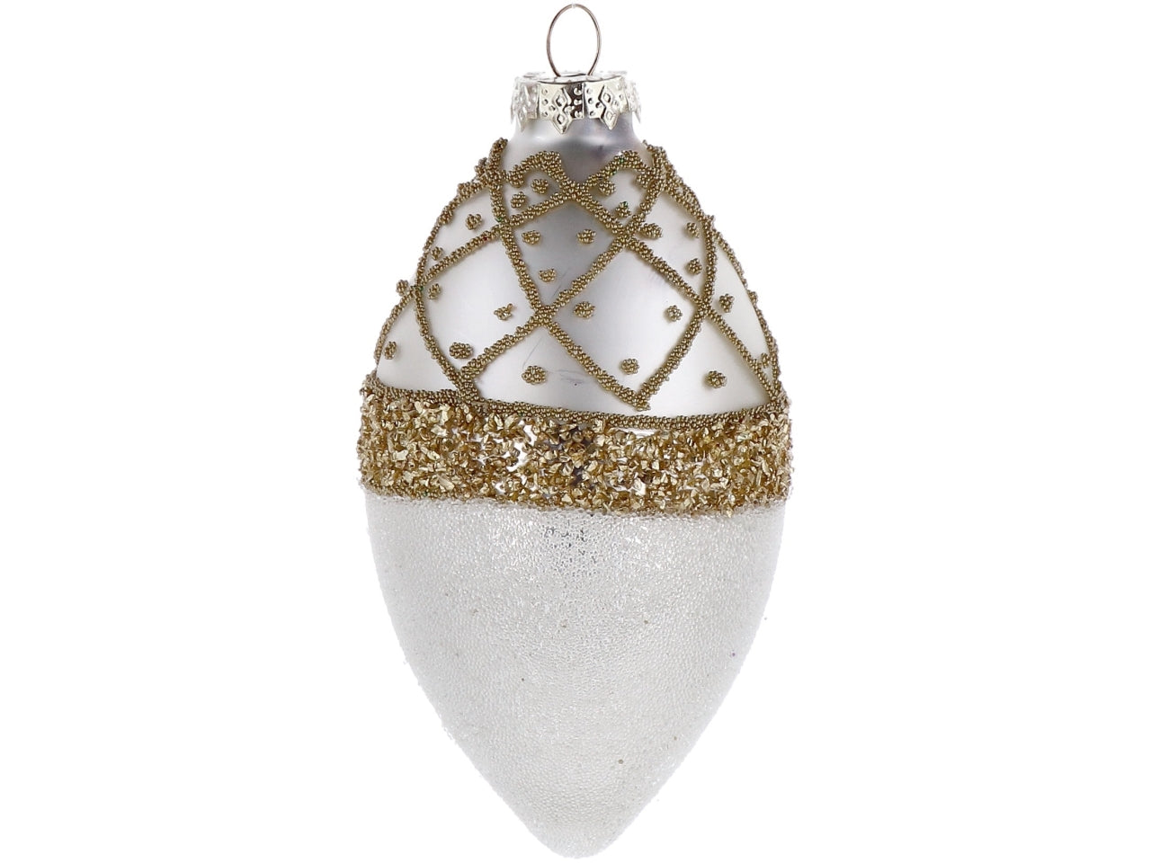Palla goggia vetro 7xh.13cm perla e oro con decorazioni assortite