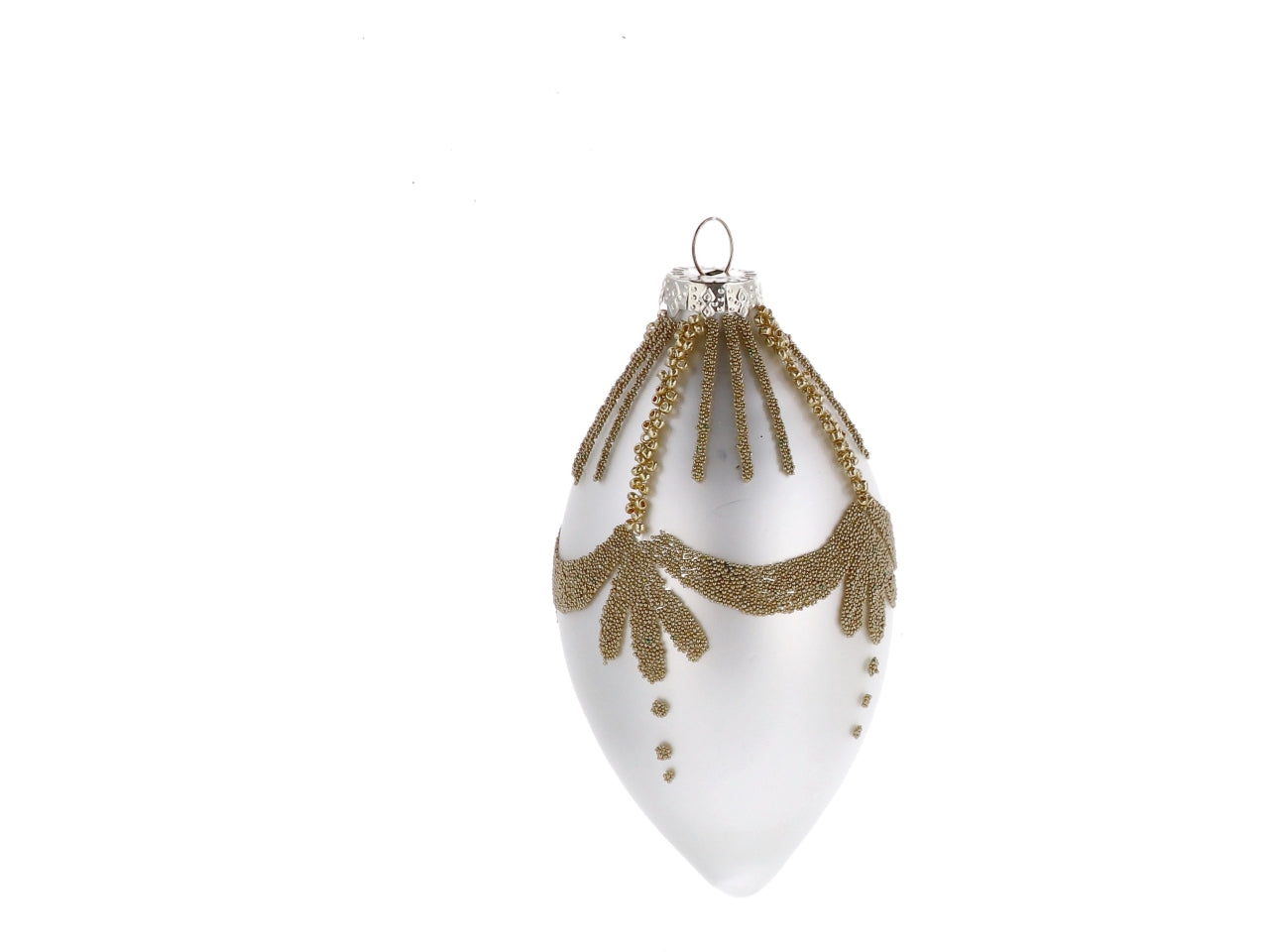 Palla goggia vetro 7xh.13cm perla e oro con decorazioni assortite