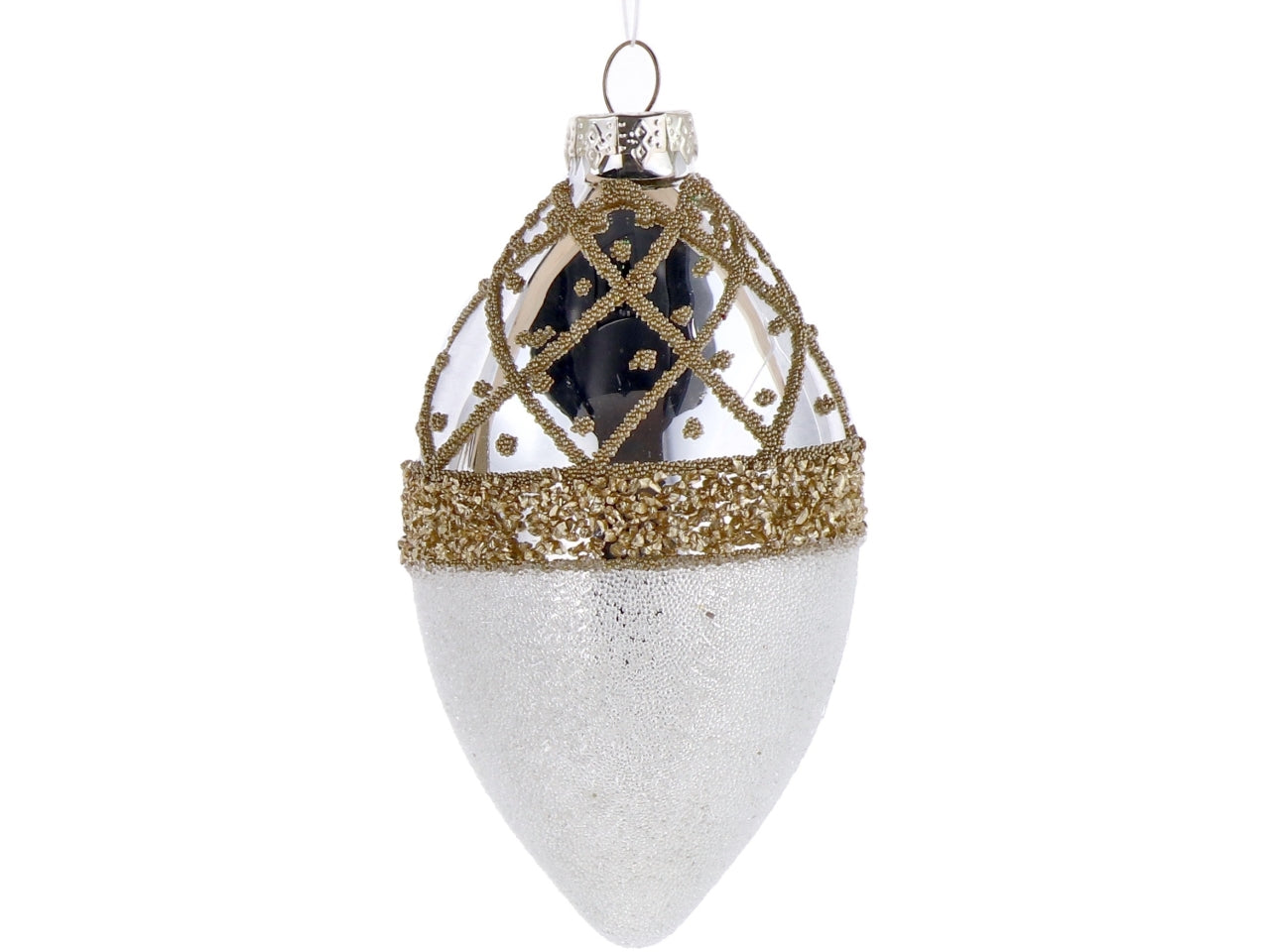 Palla goggia vetro 7xh.13cm perla e oro con decorazioni assortite