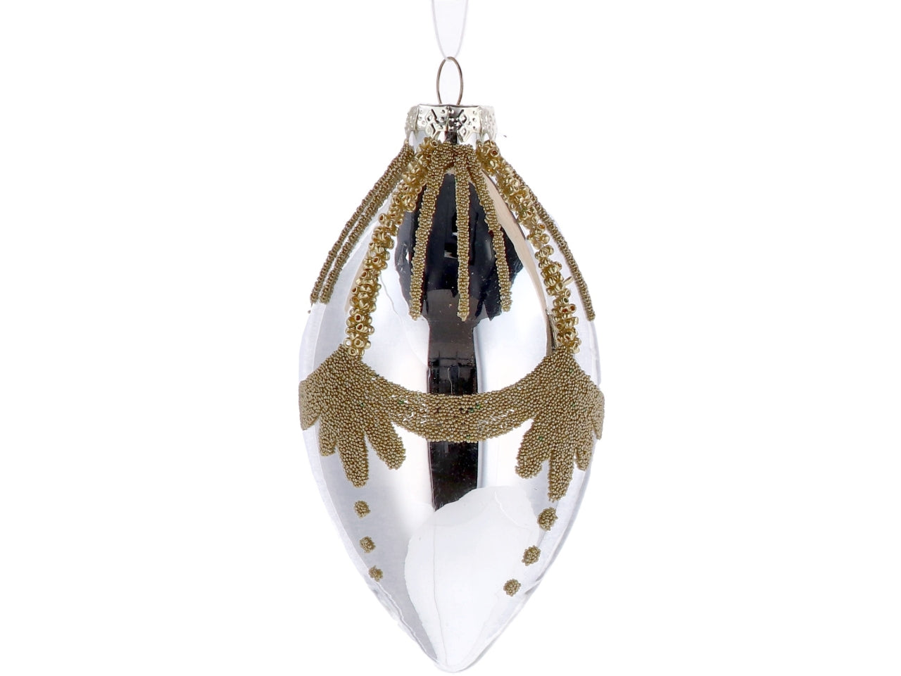 Palla goggia vetro 7xh.13cm perla e oro con decorazioni assortite