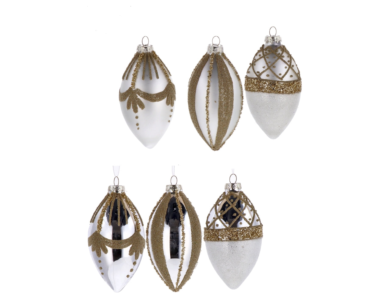 Palla goggia vetro 7xh.13cm perla e oro con decorazioni assortite