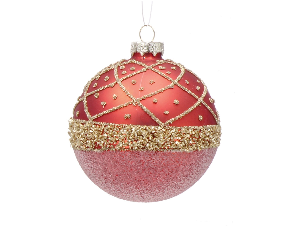 Palla vetro 8cm rosso e oro con decorazioni assortite