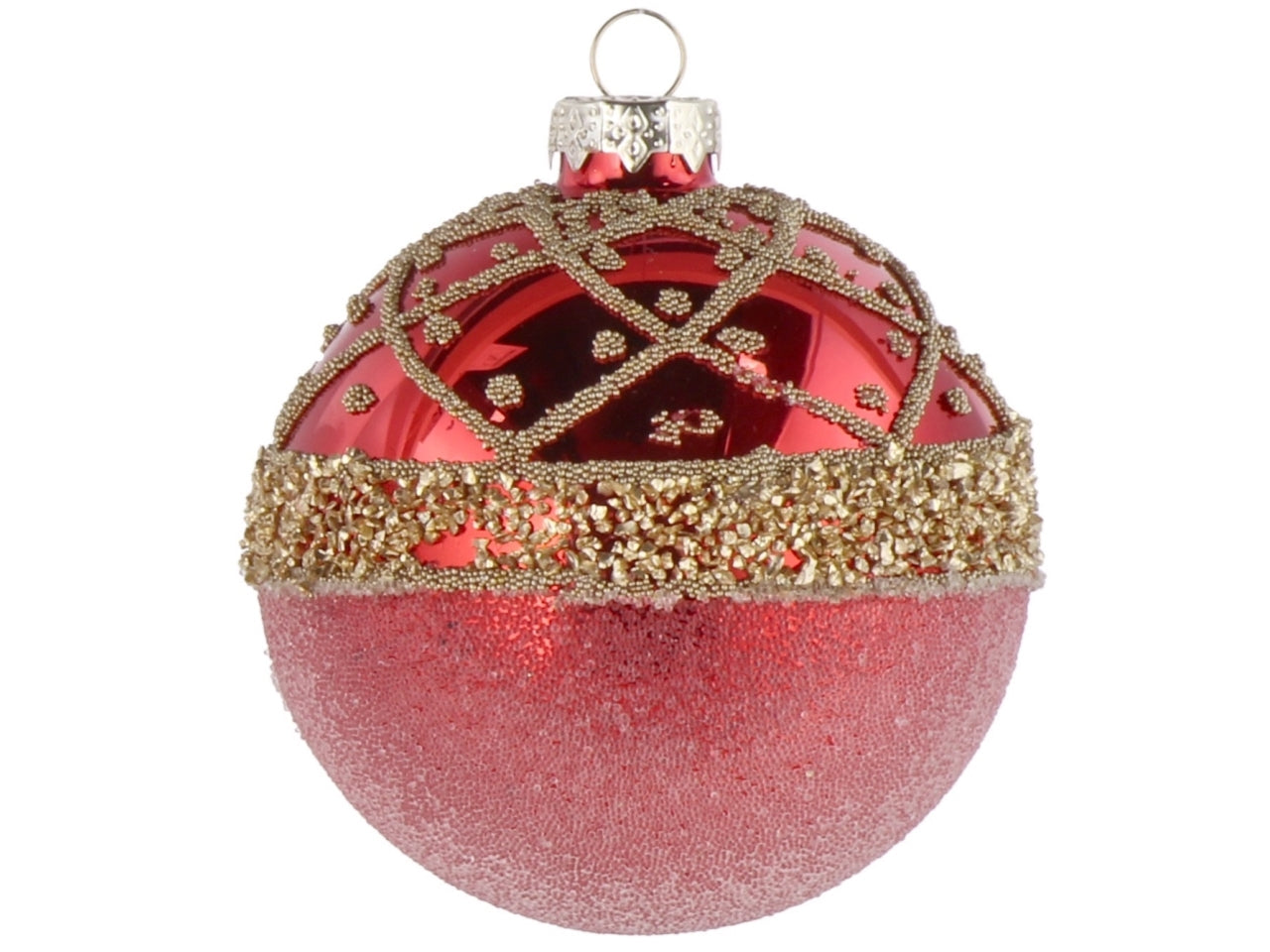 Palla vetro 8cm rosso e oro con decorazioni assortite