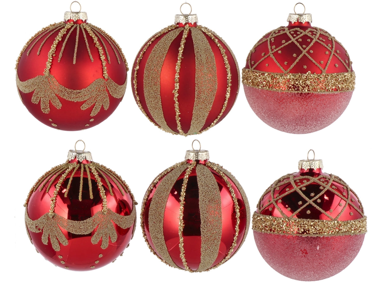 Palla vetro 10cm rosso e oro con decorazioni assortite