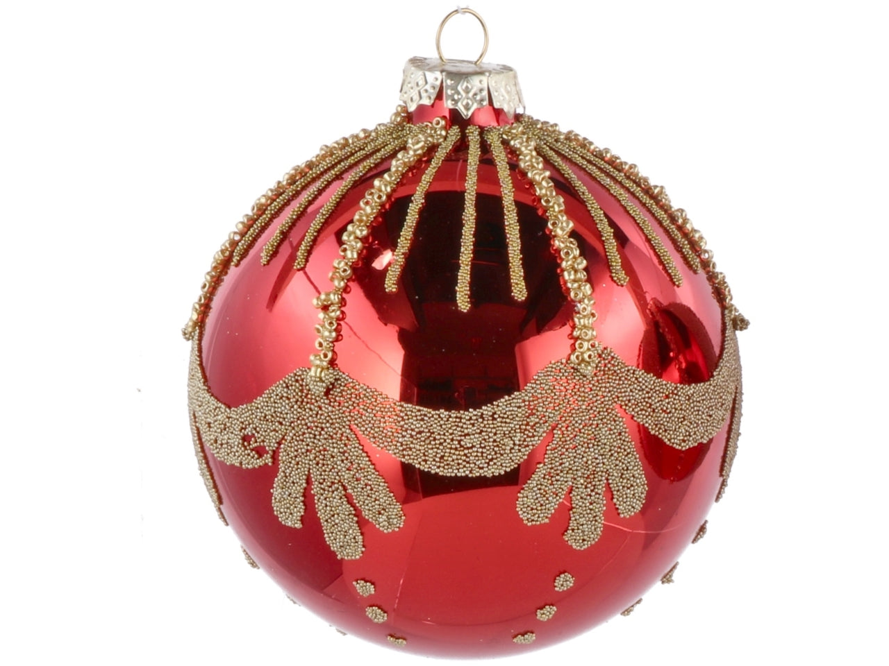 Palla vetro 10cm rosso e oro con decorazioni assortite