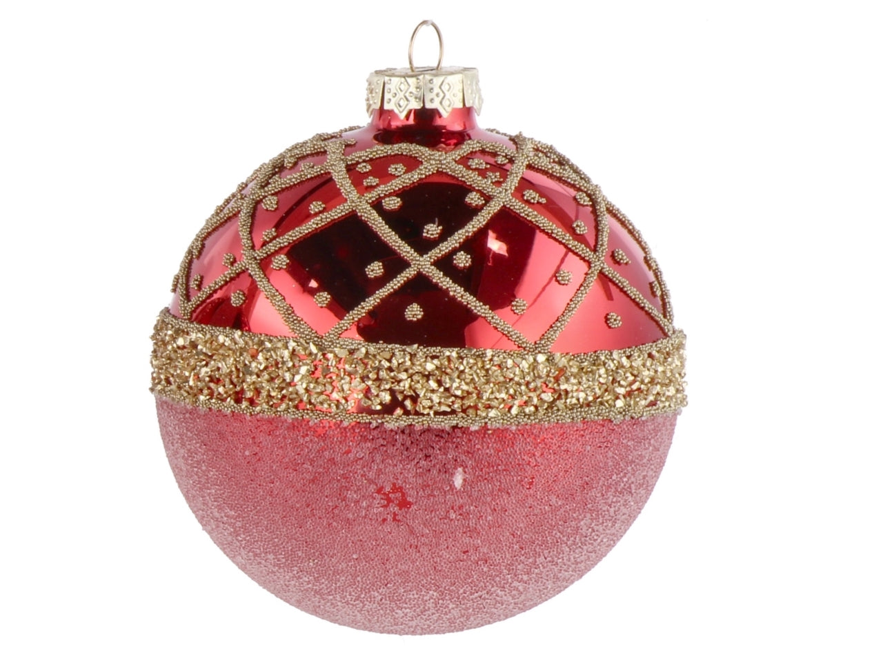 Palla vetro 10cm rosso e oro con decorazioni assortite