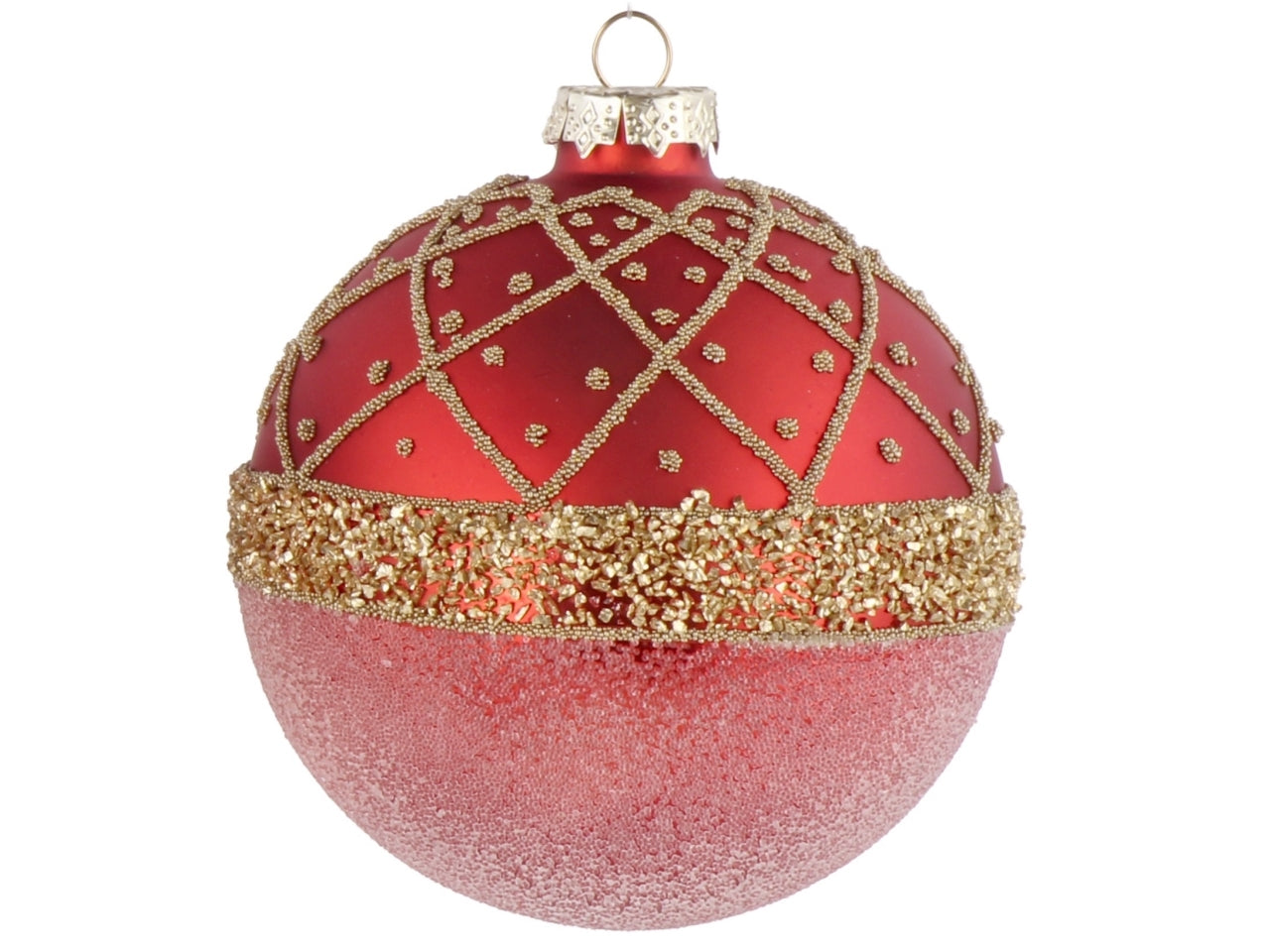 Palla vetro 10cm rosso e oro con decorazioni assortite