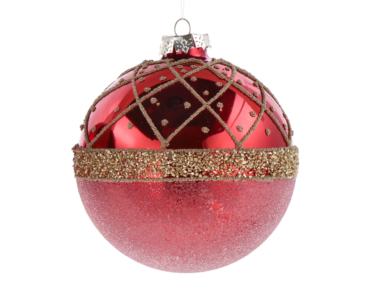 Palla vetro 12cm rosso e oro con decorazioni assortite