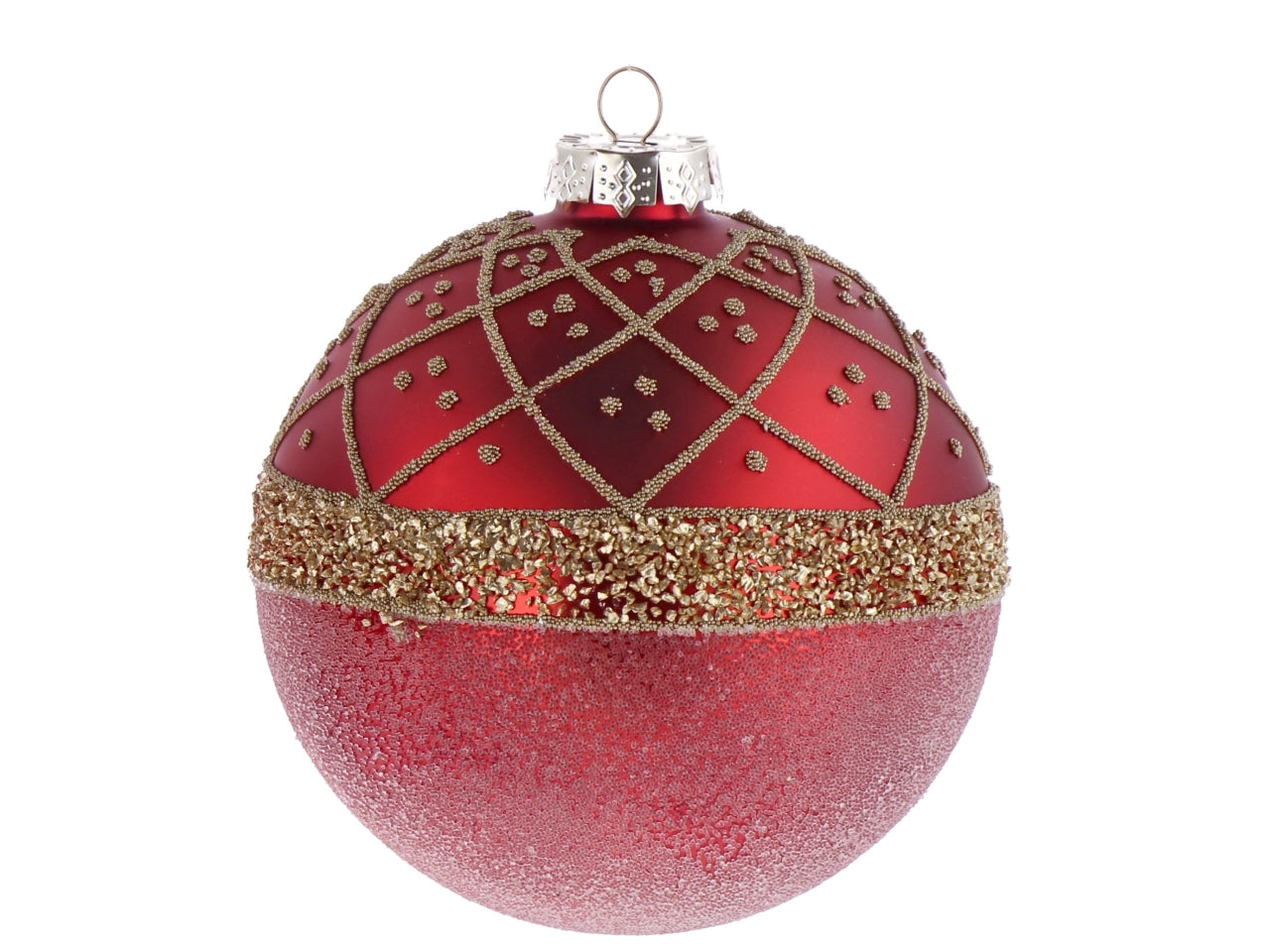 Palla vetro 12cm rosso e oro con decorazioni assortite