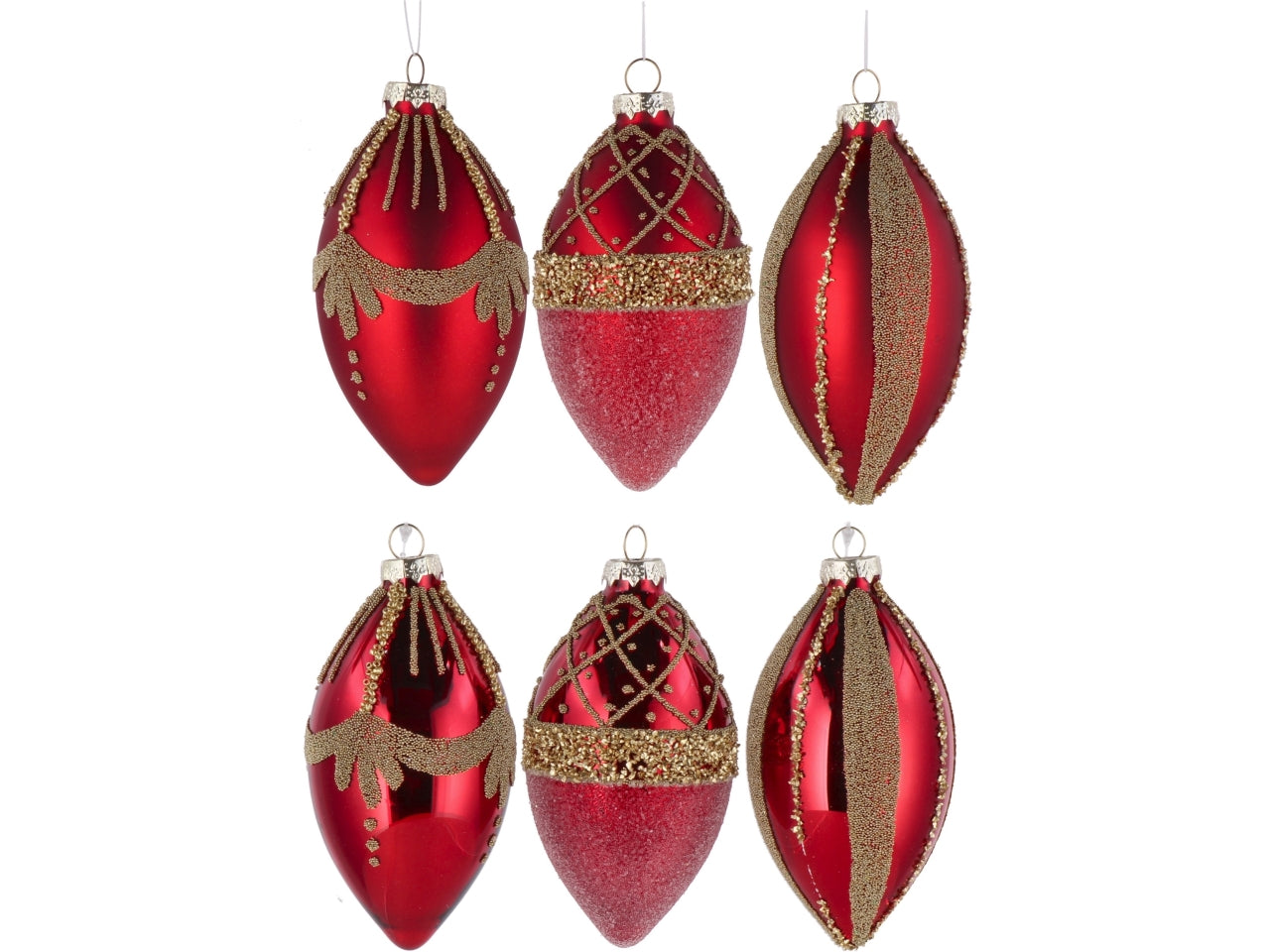 Palla goggia vetro 7xh.13cm rosso e oro con decorazioni assortite