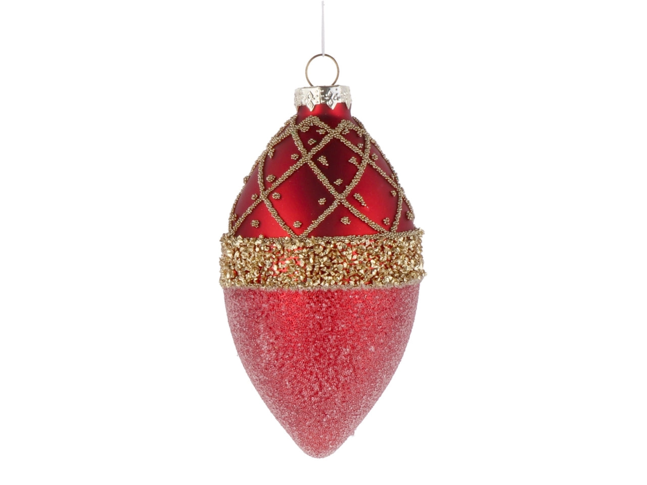 Palla goggia vetro 7xh.13cm rosso e oro con decorazioni assortite
