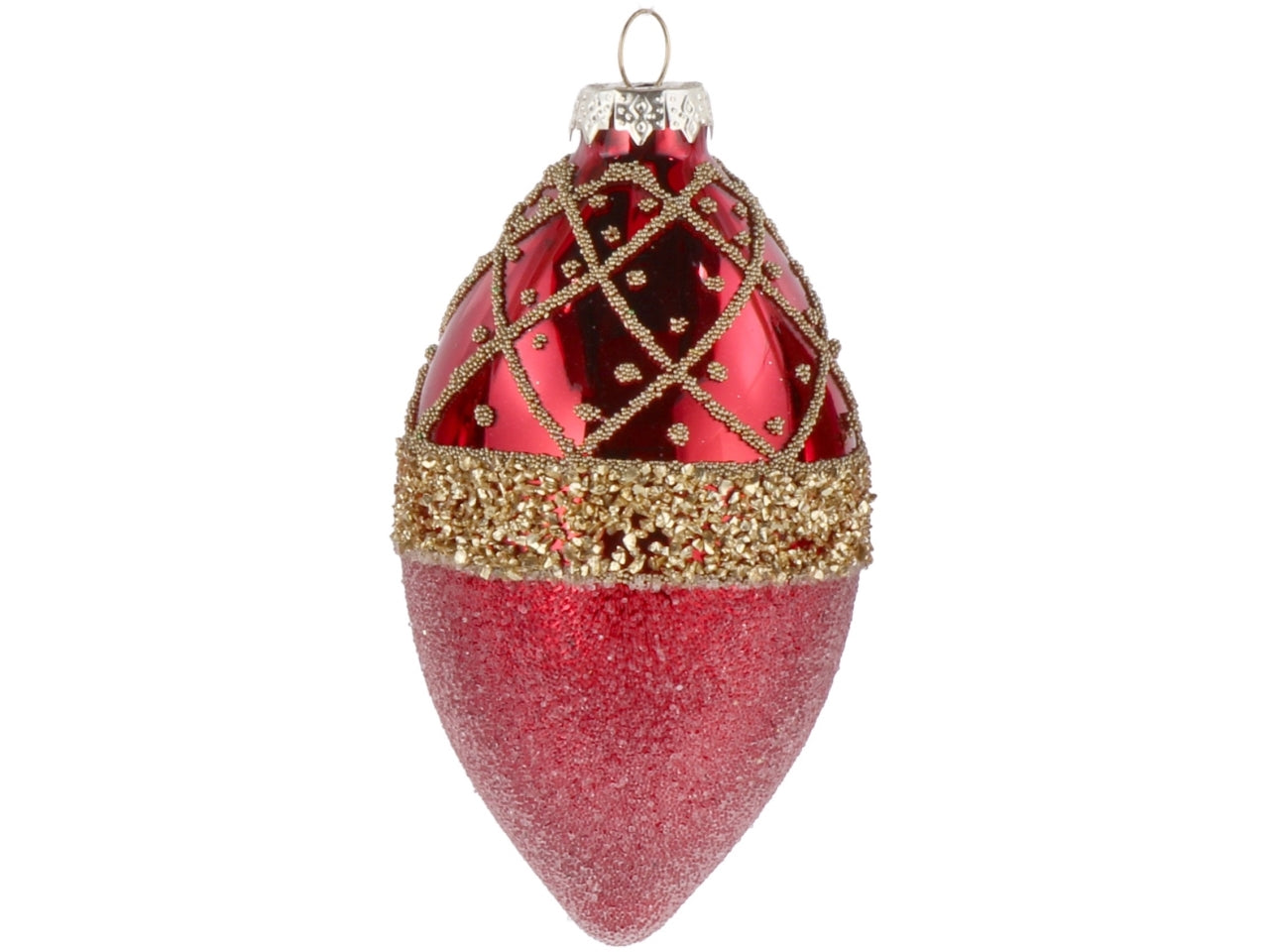 Palla goggia vetro 7xh.13cm rosso e oro con decorazioni assortite