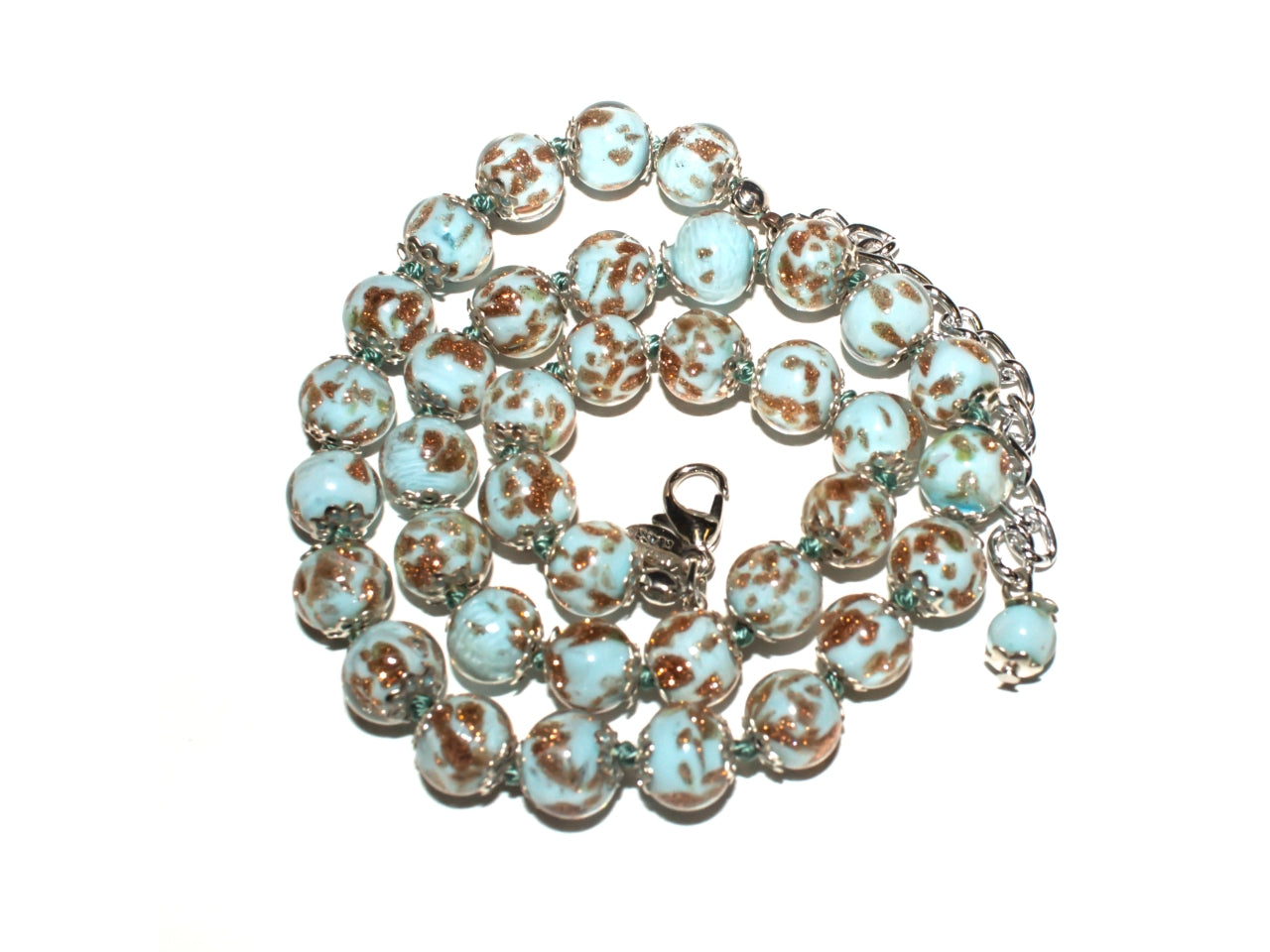 Collana 37 perle D.8 mm sommerso avventurina murano oro celeste