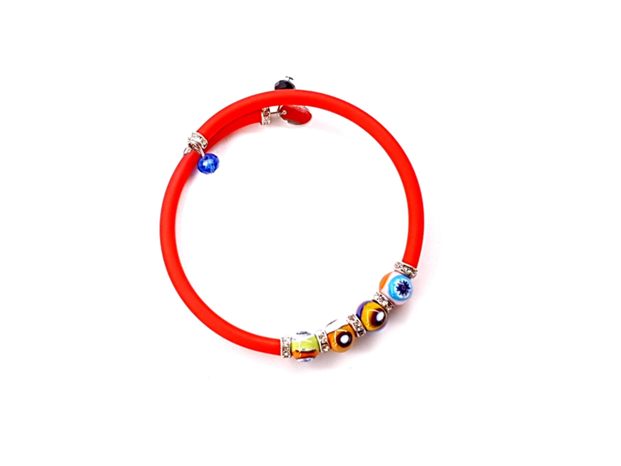 Bracciale filo armonico mosaico e strass argento con caucciu di colore rosso