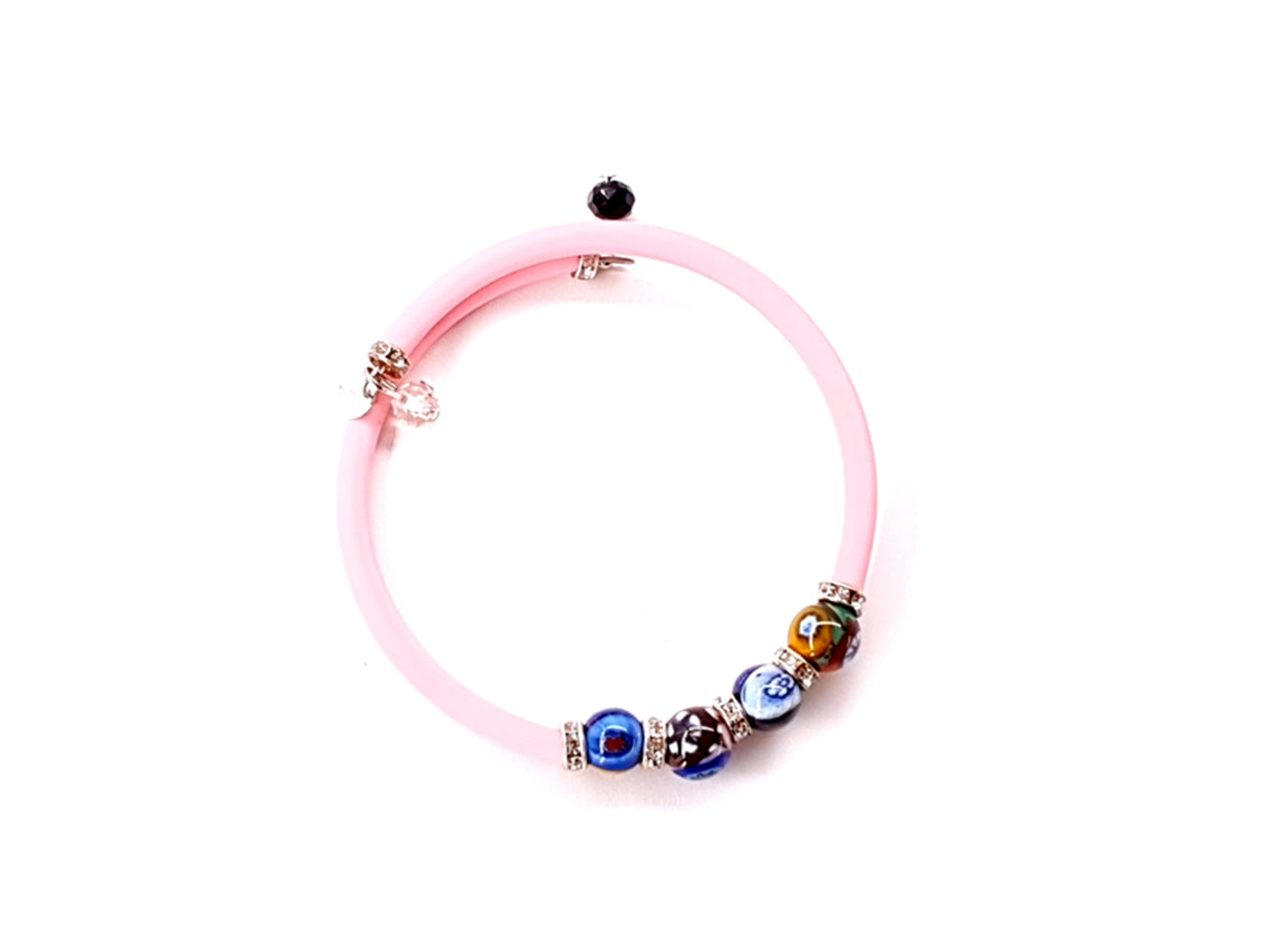Bracciale filo armonico mosaico e strass argento con caucciu di colore rosa