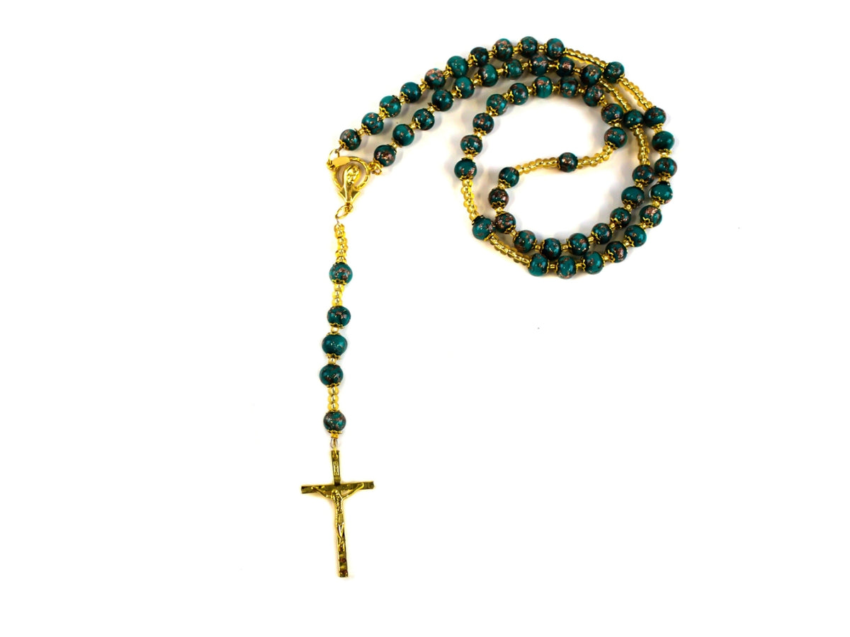 Rosario perle D.8 mm sommerso avventurina di colore oro petrolio