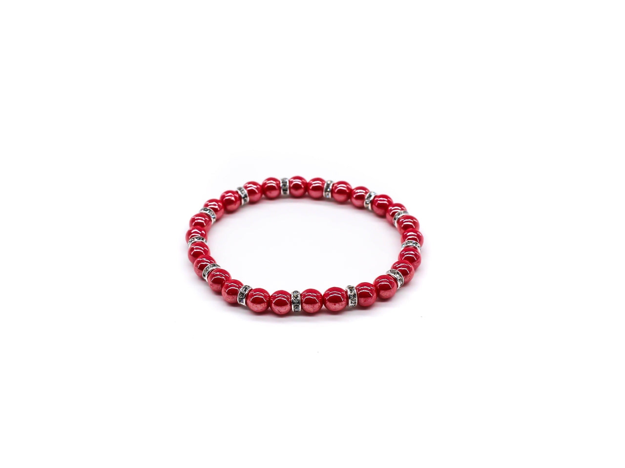 Bracciale elastico perle D.6 mm  lustro e strass  di colore rosso