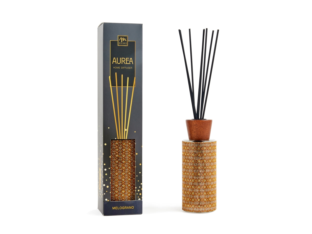Diffusore con bacchette bottiglia vetro strass dorata fragranza melograno 200ml