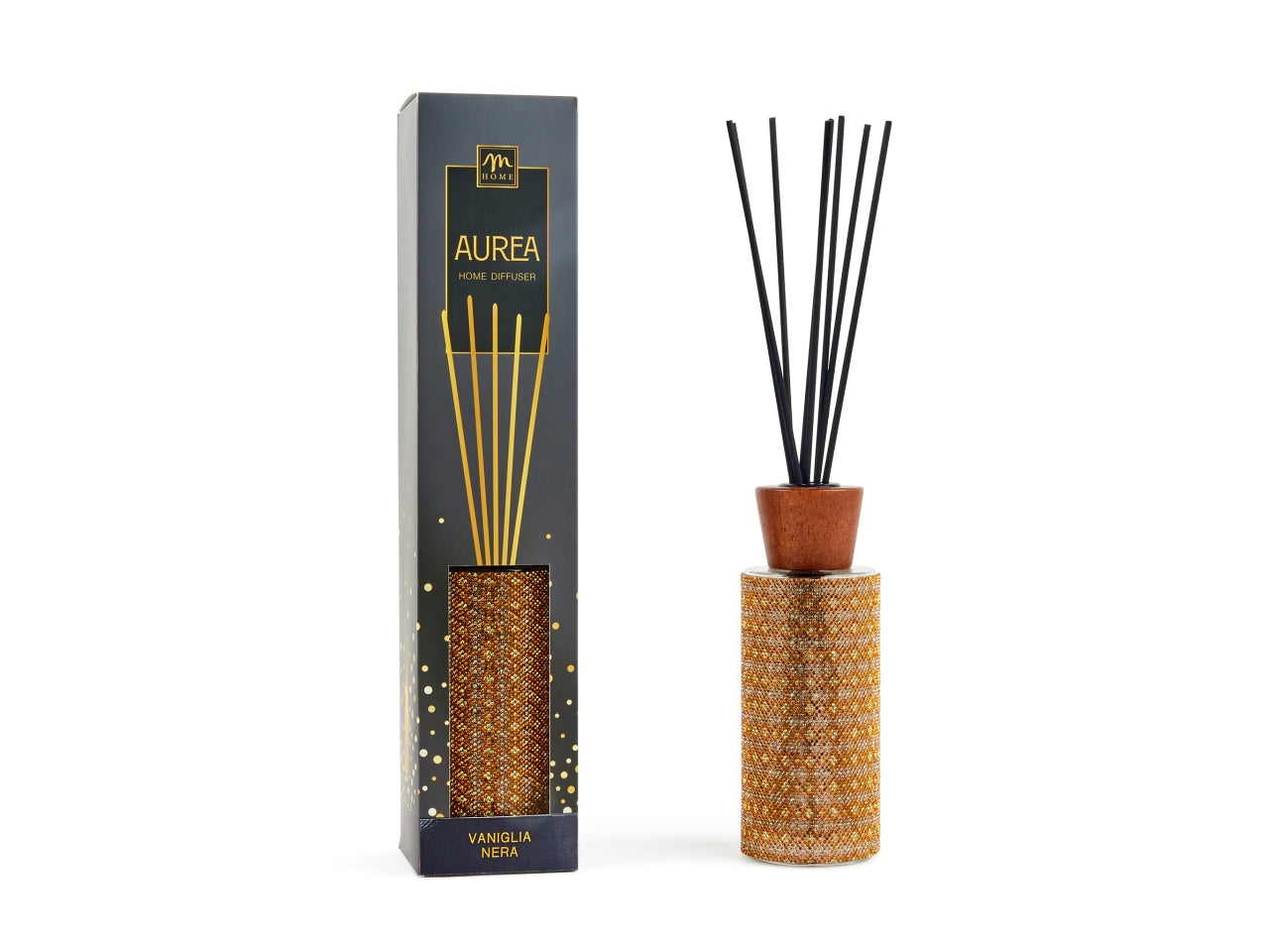 Diffusore con bacchette bottiglia vetro strass dorata fragranza vaniglia nera 200ml