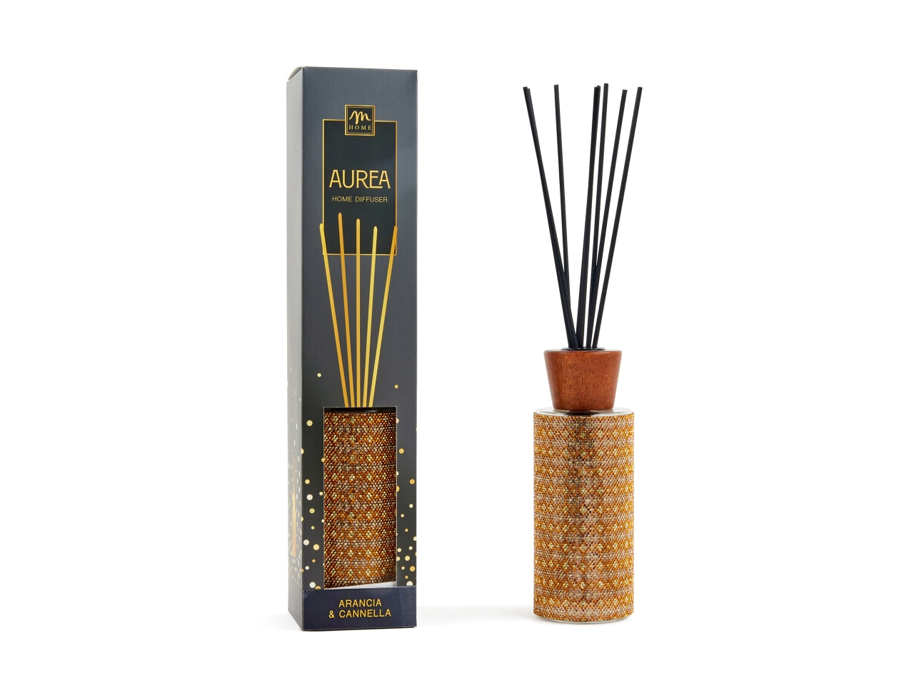 Diffusore con bacchette bottiglia vetro strass dorata fragranza arancia cannella 200ml