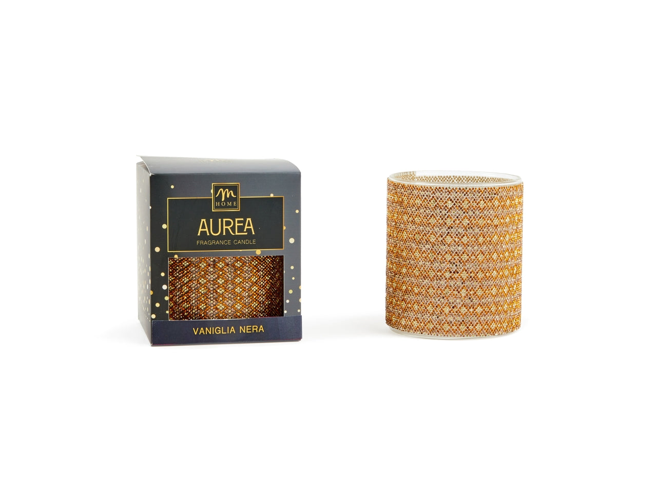 Candela in vetro con strass dorati fragranza vaniglia nera 380gr