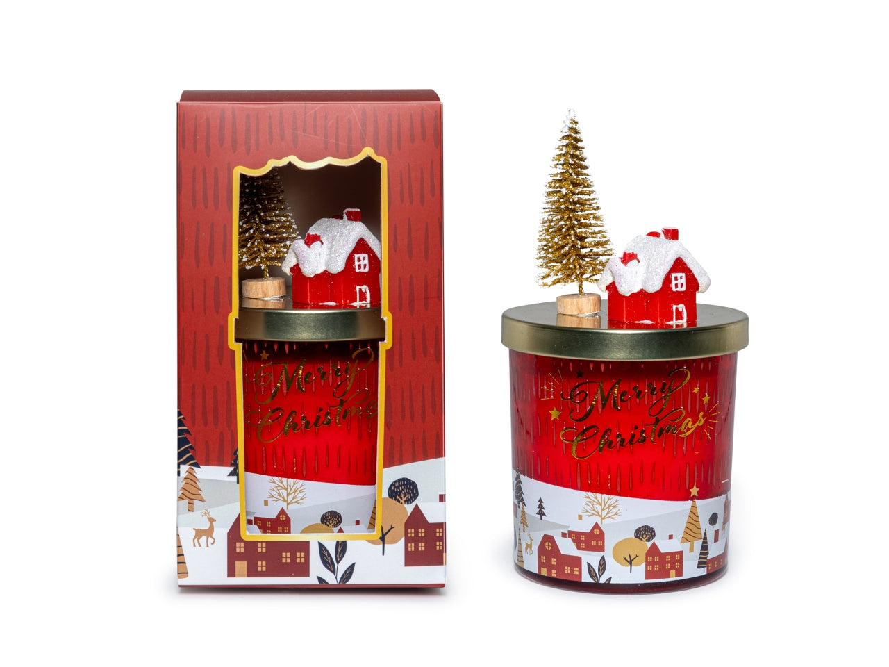 Candela profumata in vasetto di vetro rosso con coperchio decorato vaniglia e frutti rossi 160gr