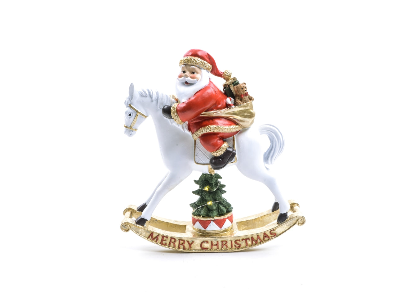 Babbo natale su cavallo a dondolo in poliresina con luci 26,5x10,5xh.28,5cm