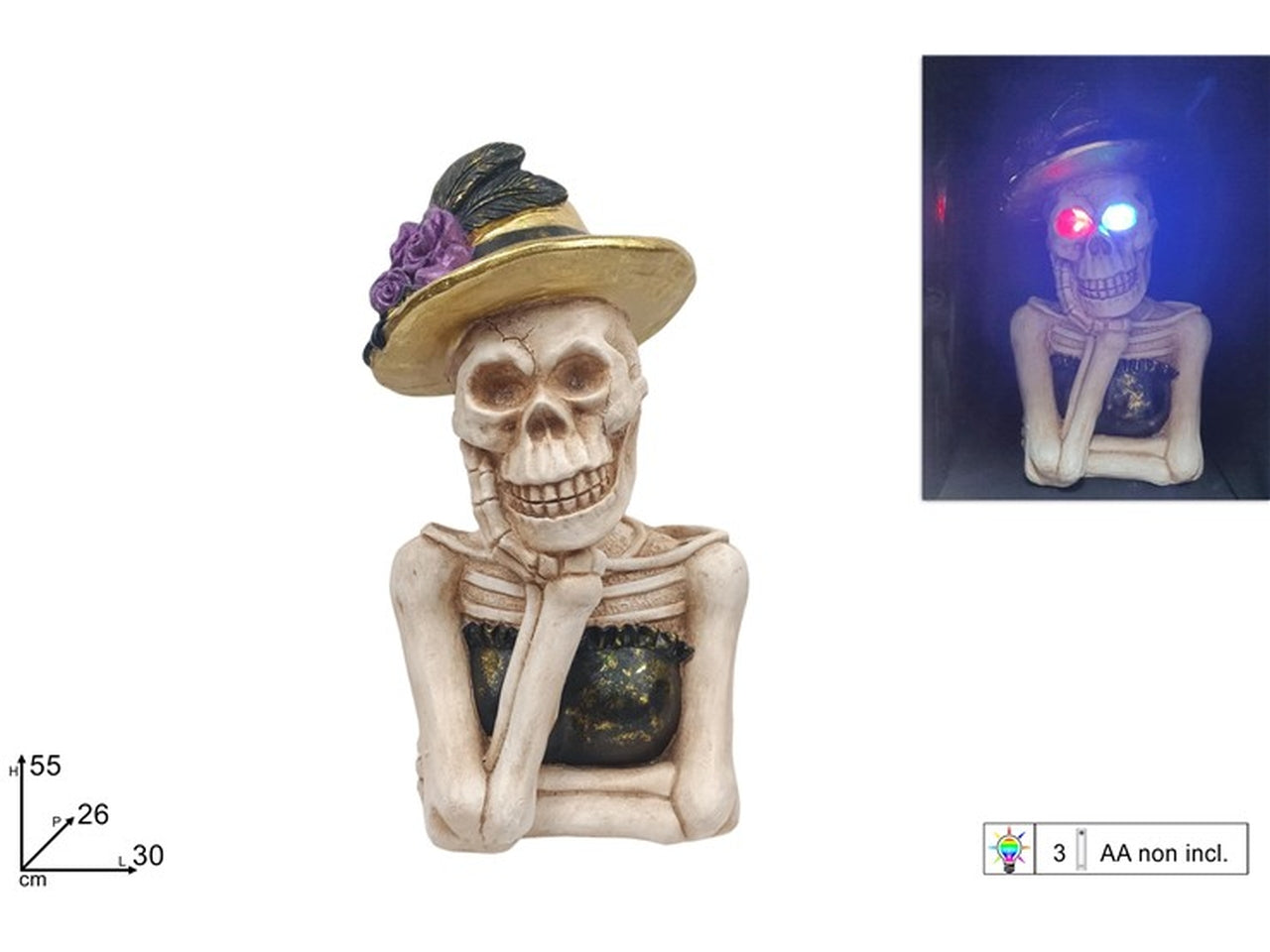 Scheletro con cappello oro e luci